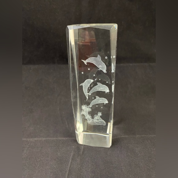 Dolphin Laser Etched Crystal Cube Paperweight - Picture 1 of 10
